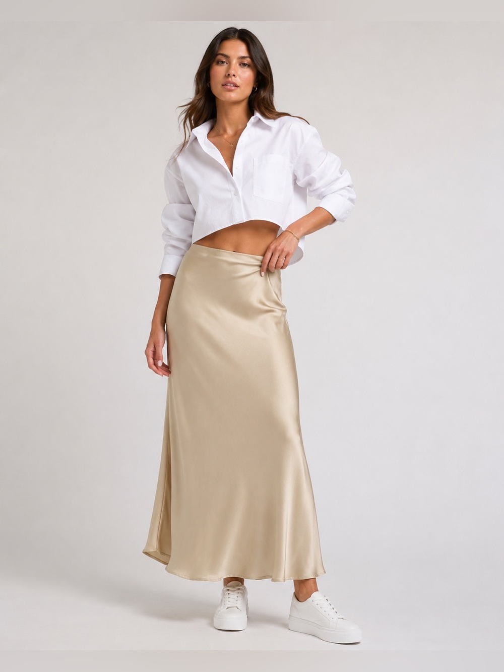 Champagne Ivory Satin Maxi Slip Skirt Petite S